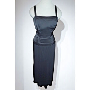 Alex Evenings Petite 8P Black Sleeveless Midi Dress | Square Neck Satin Bodice